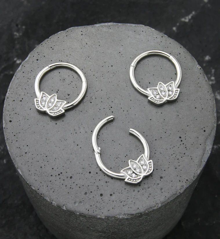 Lotus Flower Clear CZ Stainless Steel Hinged Segment Ring - Image 2