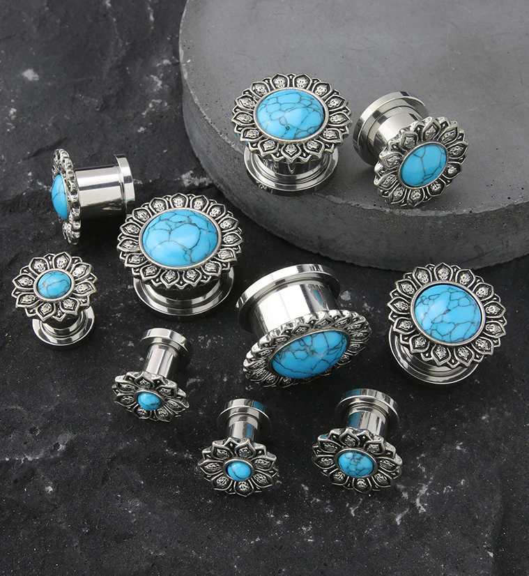 Lotus Flower Howlite Turquoise Stainless Steel Tunnel Plugs - Image 2