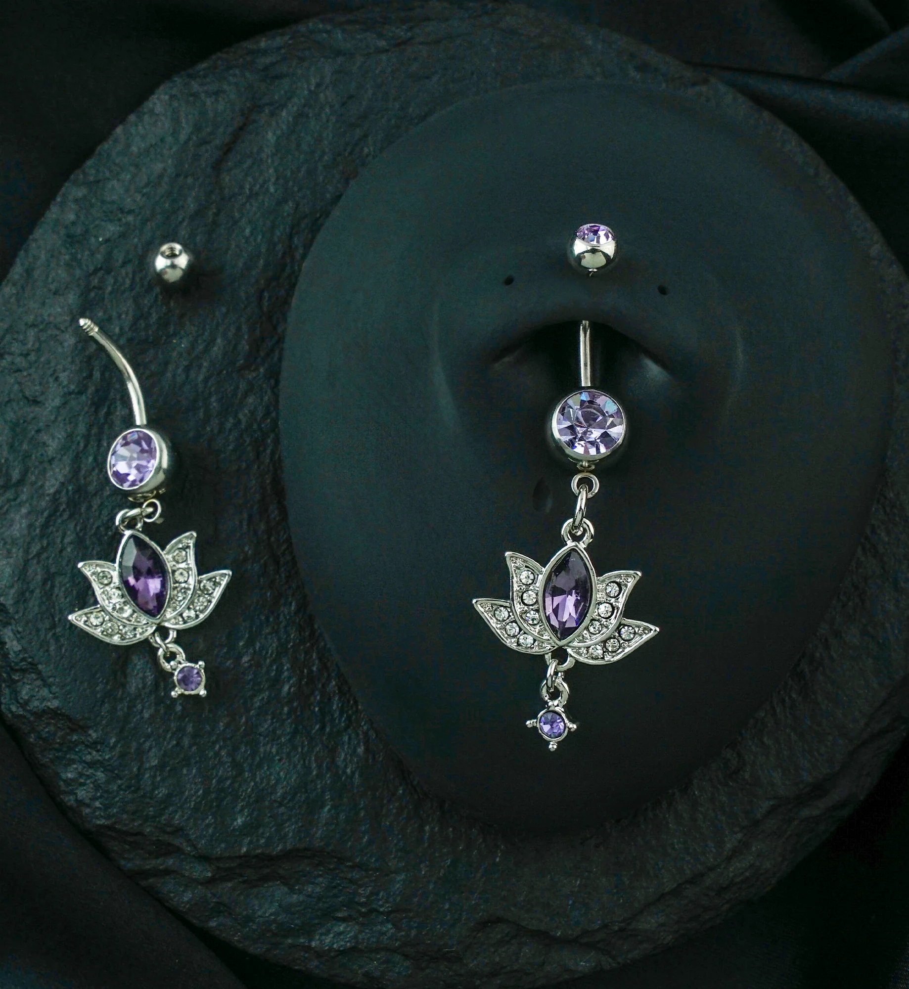 Lotus Flower Purple Gem Belly Ring - Image 2
