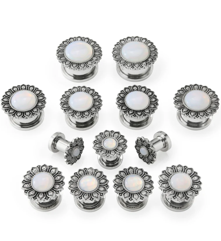 Lotus Flower White Opalite Stainless Steel Tunnel Plugs - Image 2