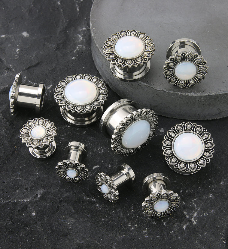 Lotus Flower White Opalite Stainless Steel Tunnel Plugs - Image 3