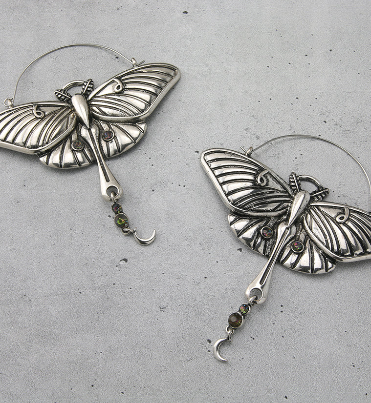 Luna Moth Black Aurora Dangle CZ Plug Hoops - Image 2