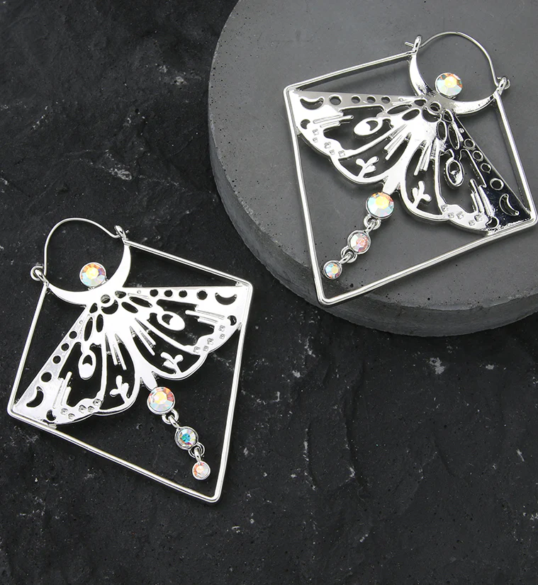 Luna Moth Dangle Rainbow Aurora CZ Stainless Steel Plug Hoops - Image 2