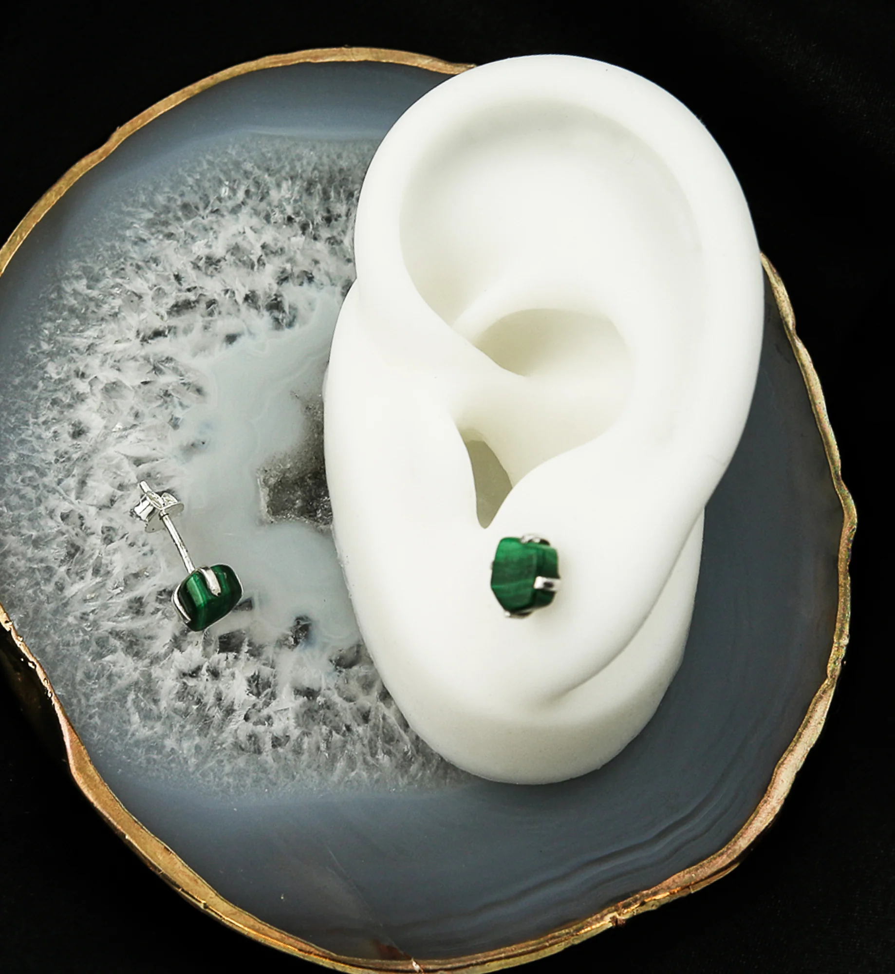 Malachite Stone Prong Set Sterling Silver Earrings - Image 2