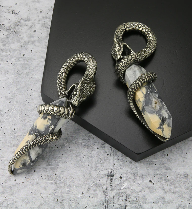Maligano Jasper Stone Cobra White Brass Hinged Ear Weights - Image 2