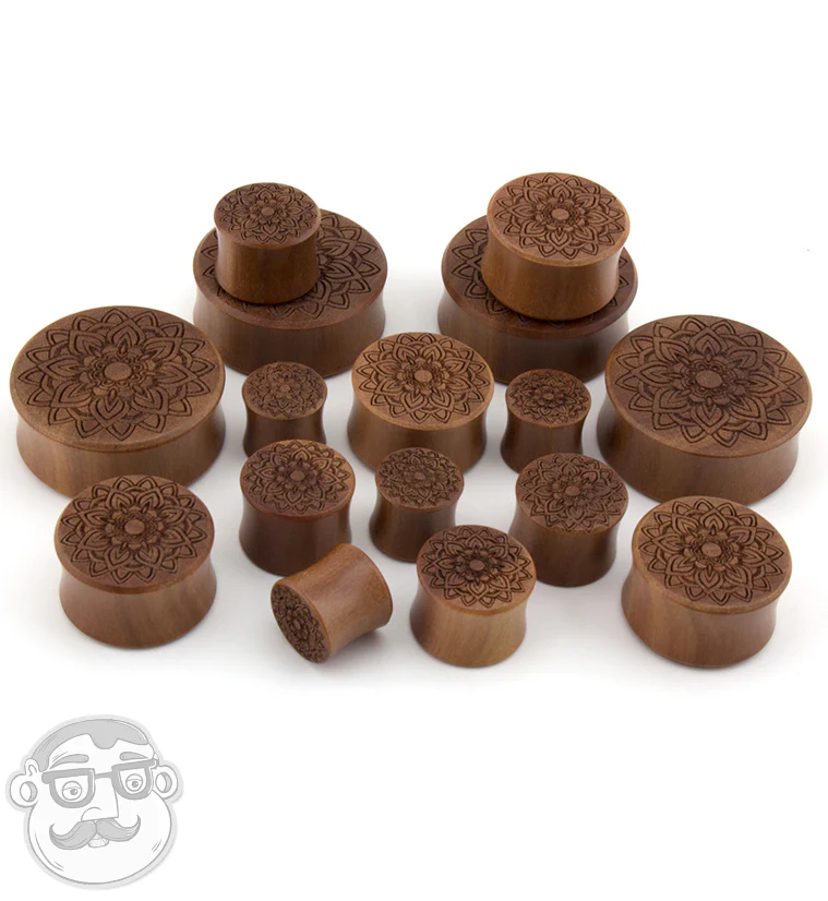 Mandala Flower Engraved Saba Wood Plugs - Image 3