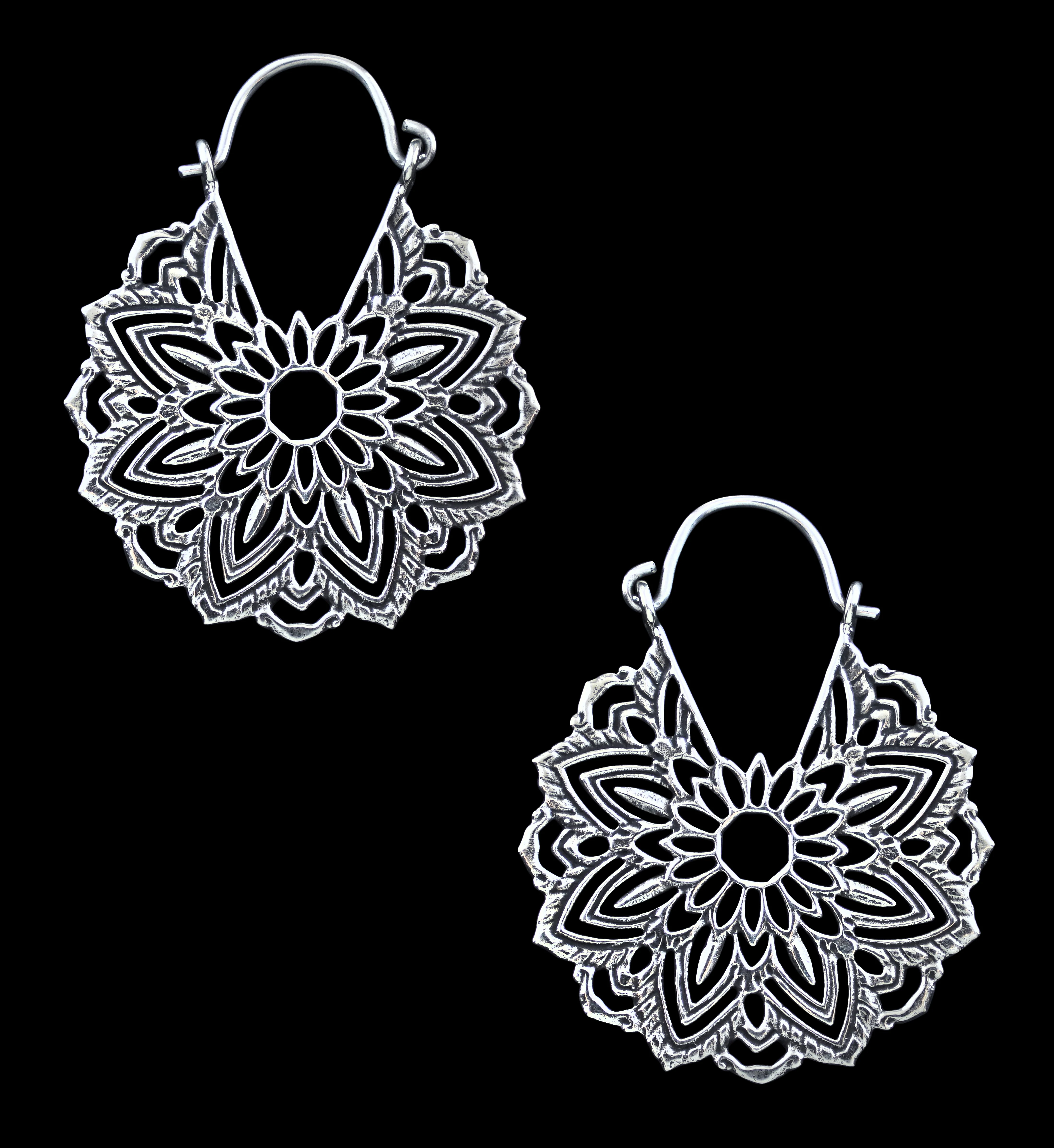 Mini Mandala White Brass Plug Hoops / Earrings - Image 3