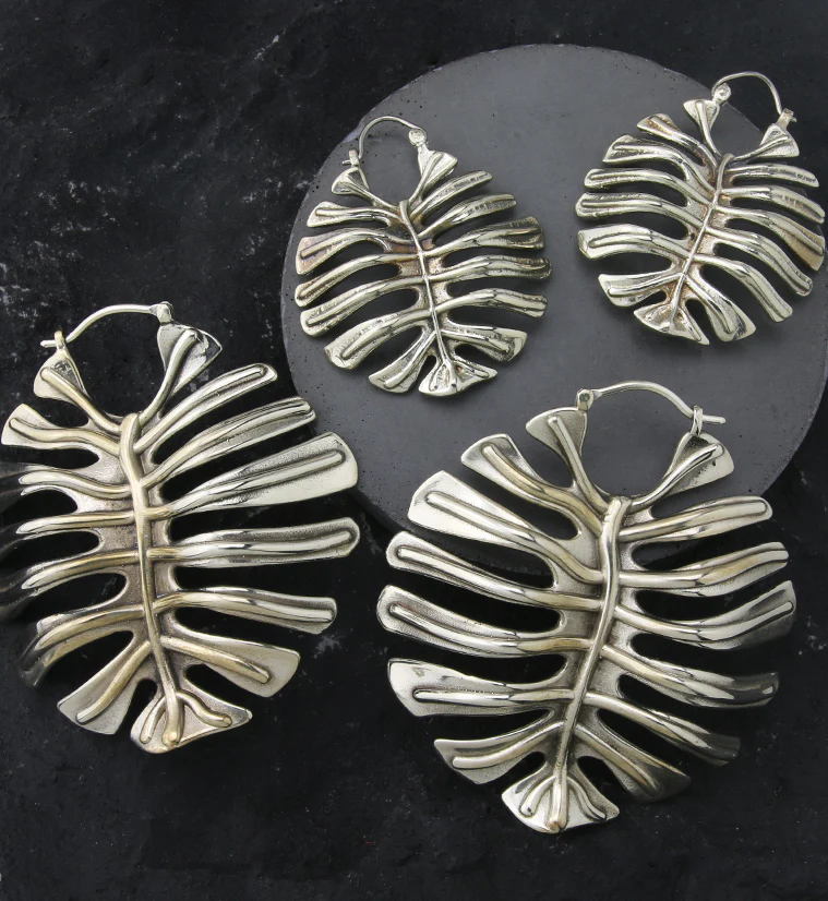 Monstera Deliciosa Leaf White Brass Hangers / Earrings - Image 2