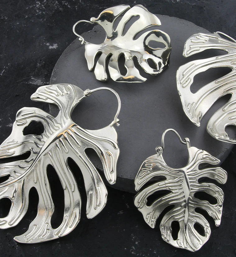 Monstera Variegata Leaf White Brass Hangers / Earrings - Image 2