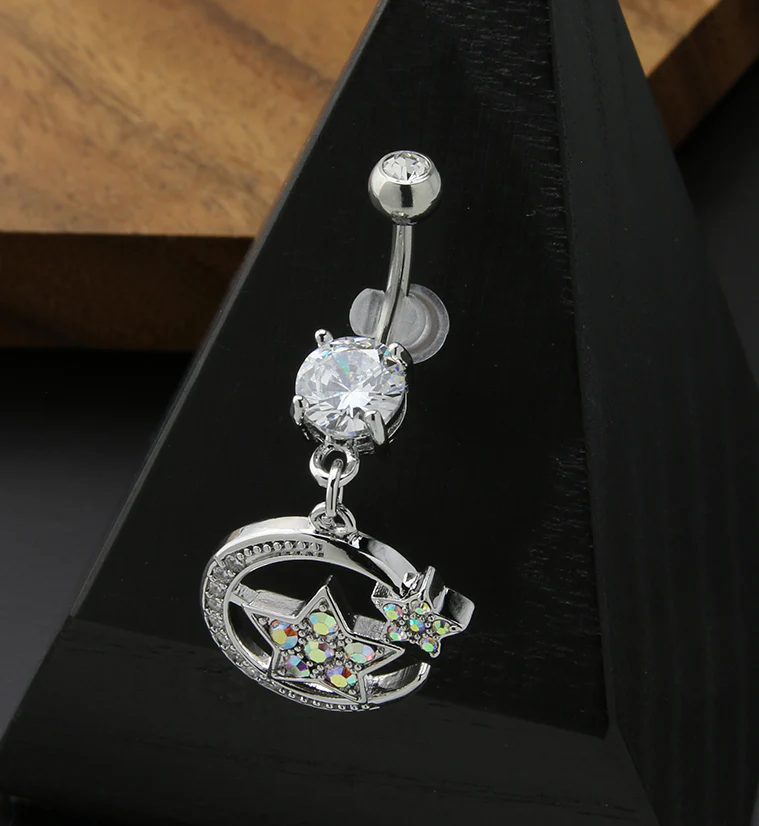Moon and Stars Rainbow Aurora CZ Stainless Steel Belly Button Ring - Image 2