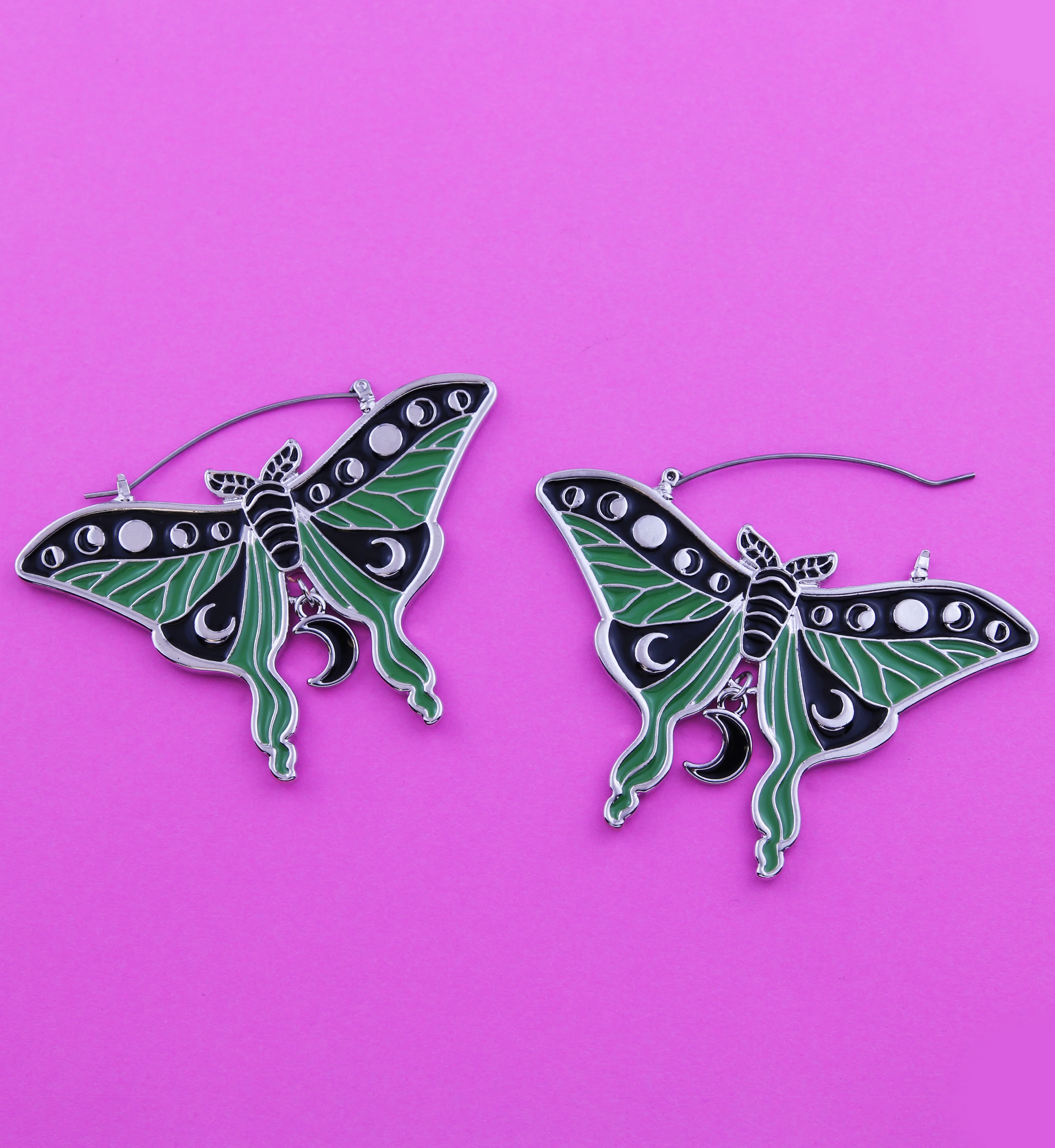 Moon Phase Moth Stainless Steel Plug Hoops - Image 2