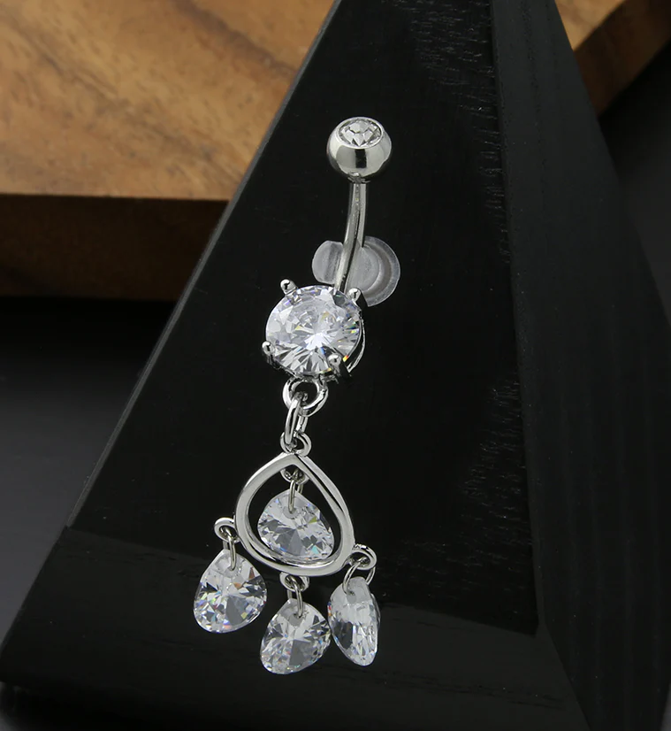 Multi Dangle Teardrop CZ Stainless Steel Belly Button Ring - Image 2