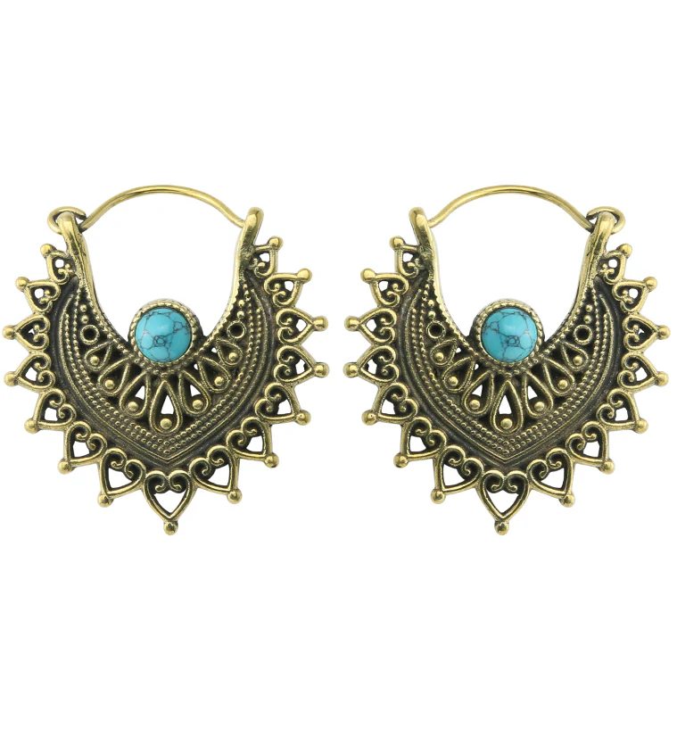 Noble Howlite Turquoise Stone Inlay Brass Hangers / Earrings - Image 3