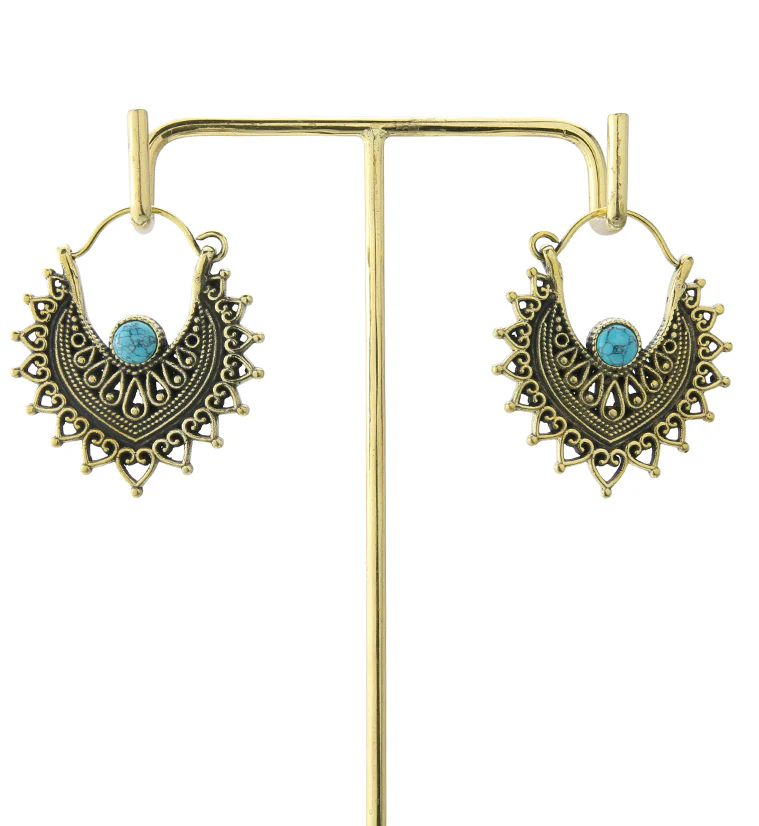 Noble Howlite Turquoise Stone Inlay Brass Hangers / Earrings - Image 4