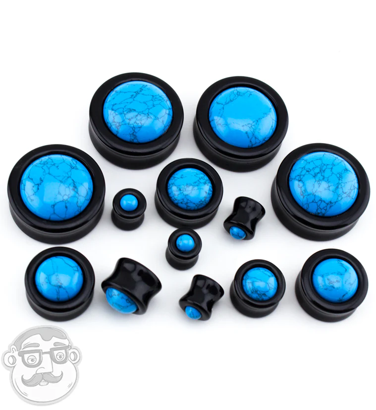 Obsidian Stone Plugs with Turquoise Howlite Stone Inlay - Image 2