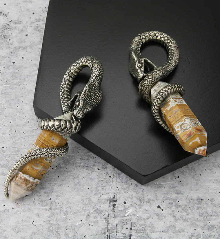 Ocean Jasper Stone Cobra White Brass Hinged Ear Weights - Image 2