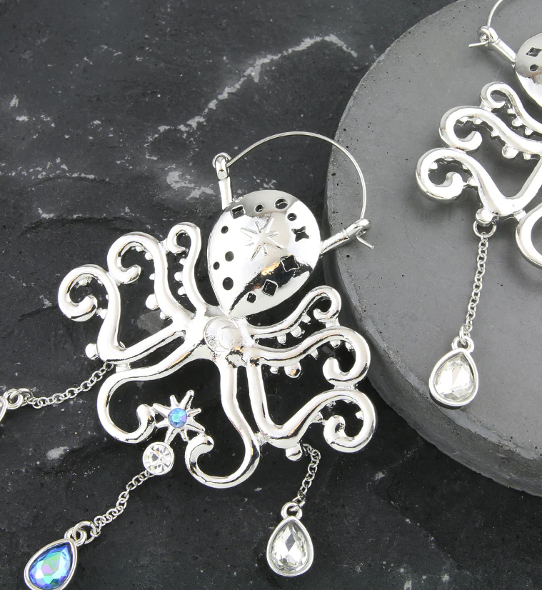 Octopus Teardrop Rainbow Aurora Dangle Stainless Steel Plug Hoops - Image 2