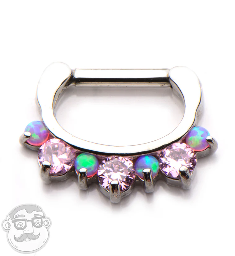 Opalite & Pink CZ Stainless Steel Septum Hinged Clicker