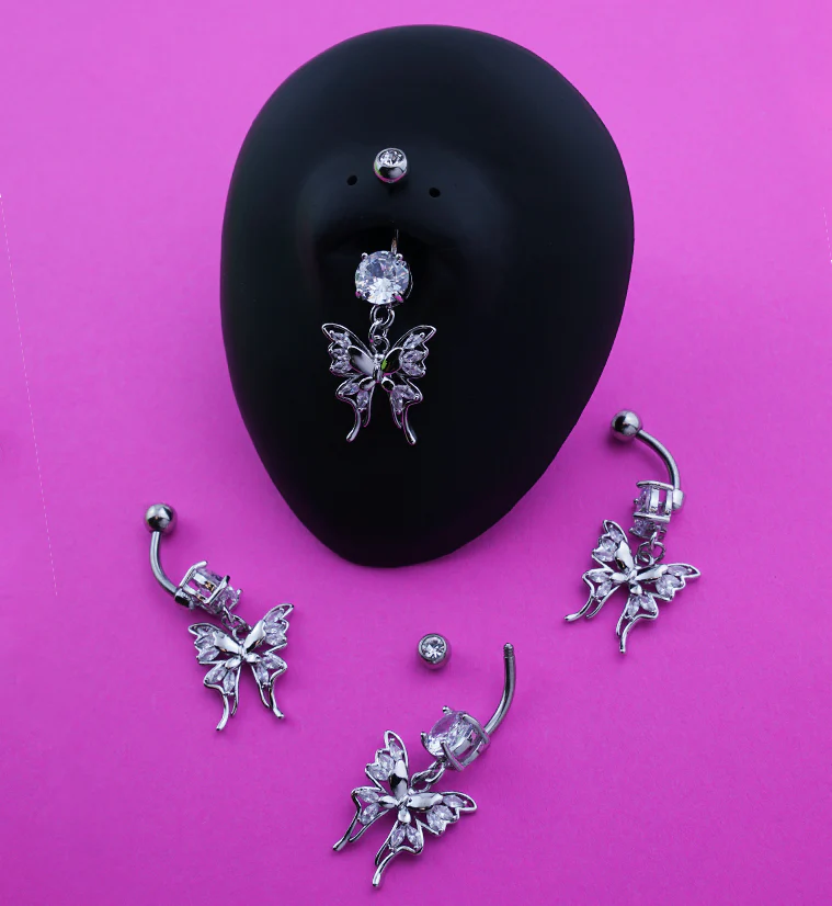 Opulent Butterfly Clear CZ Dangle Stainless Steel Belly Button Ring - Image 2