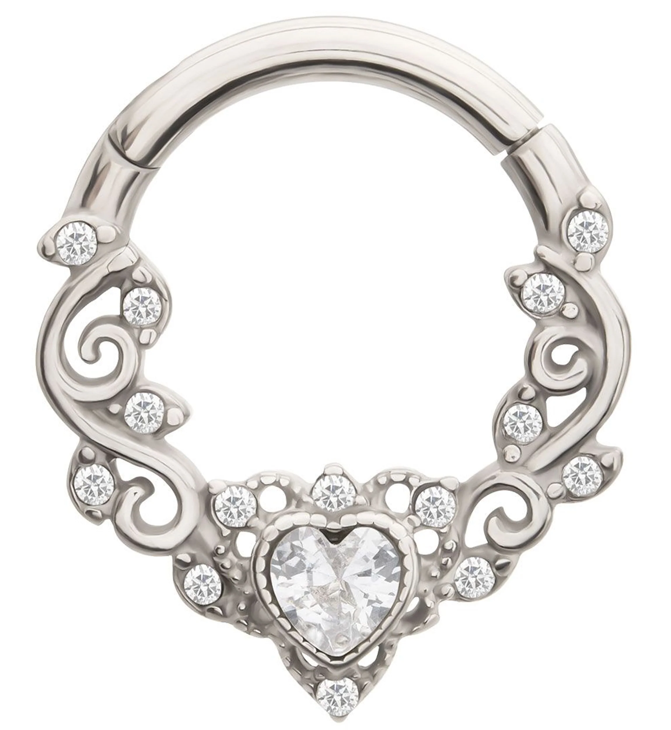 Ornamental Heart Clear CZ Stainless Steel Hinged Segment Ring
