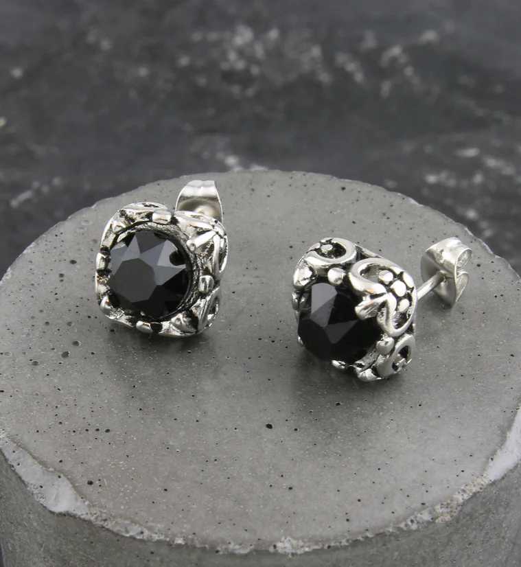 Ornate Black Square CZ Stainless Steel Stud Earrings - Image 2
