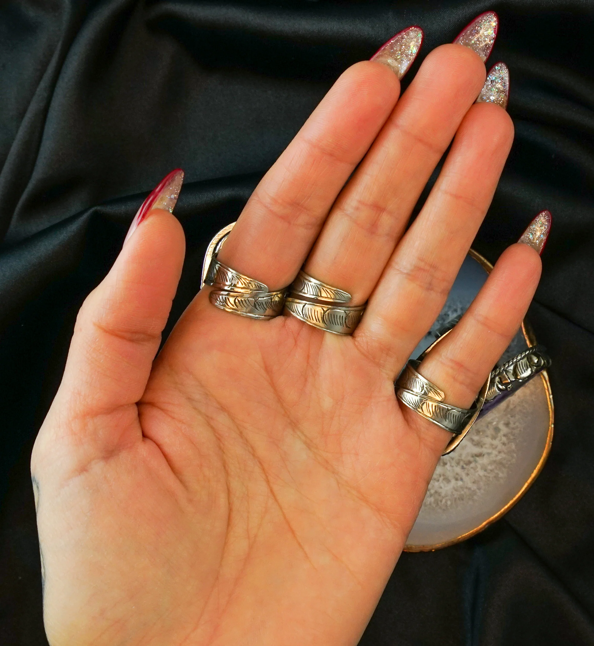 Ornate Charoite Stone White Brass Ring - Image 2