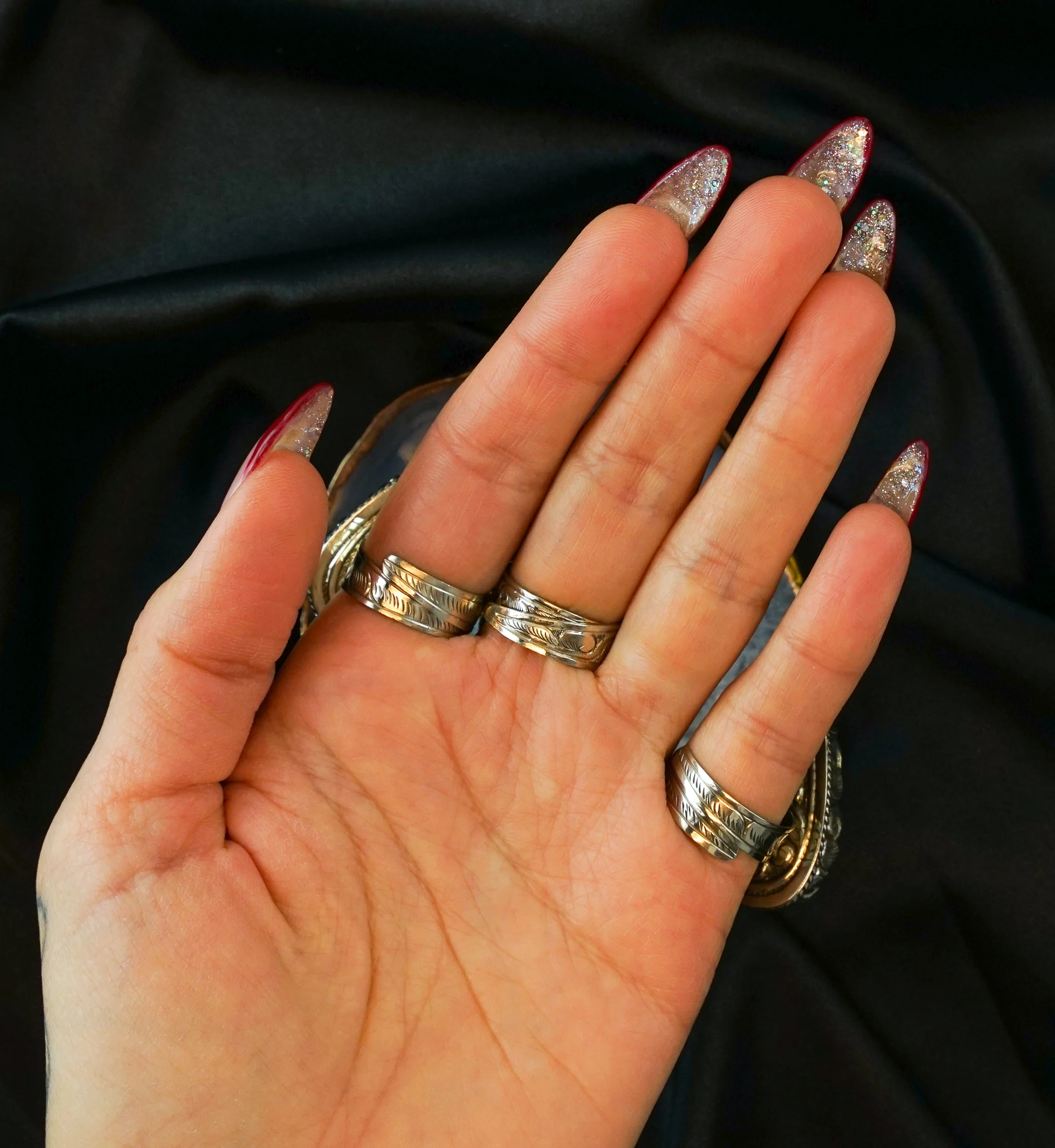 Ornate Chrysocolla Stone White Brass Ring - Image 2