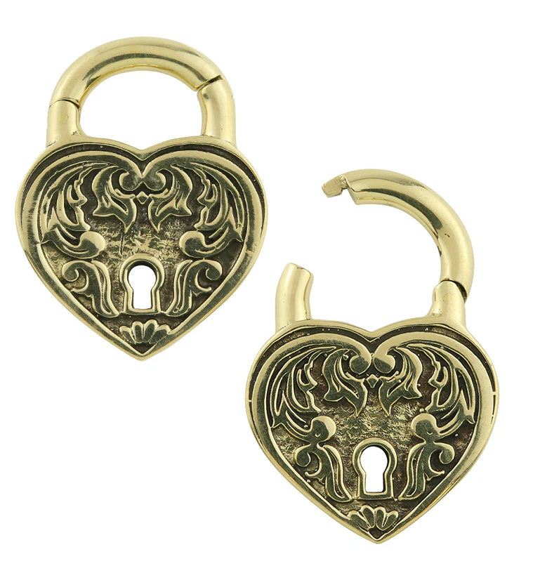 Ornate Heart Lock Brass Hinged Ear Weights - Image 4