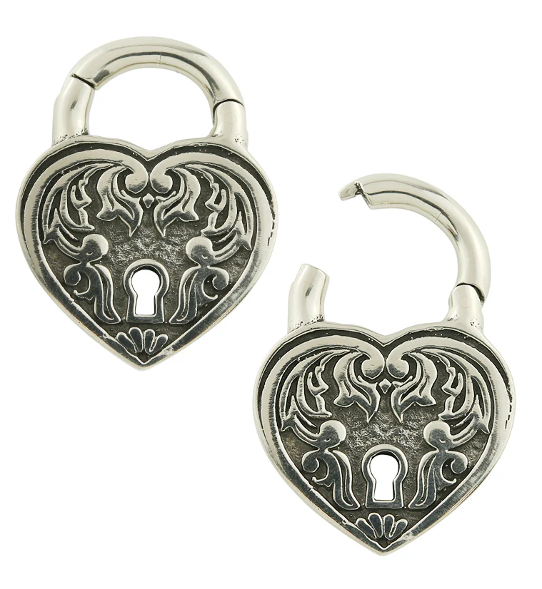 Ornate Heart Lock White Brass Hinged Ear Weights - Image 3