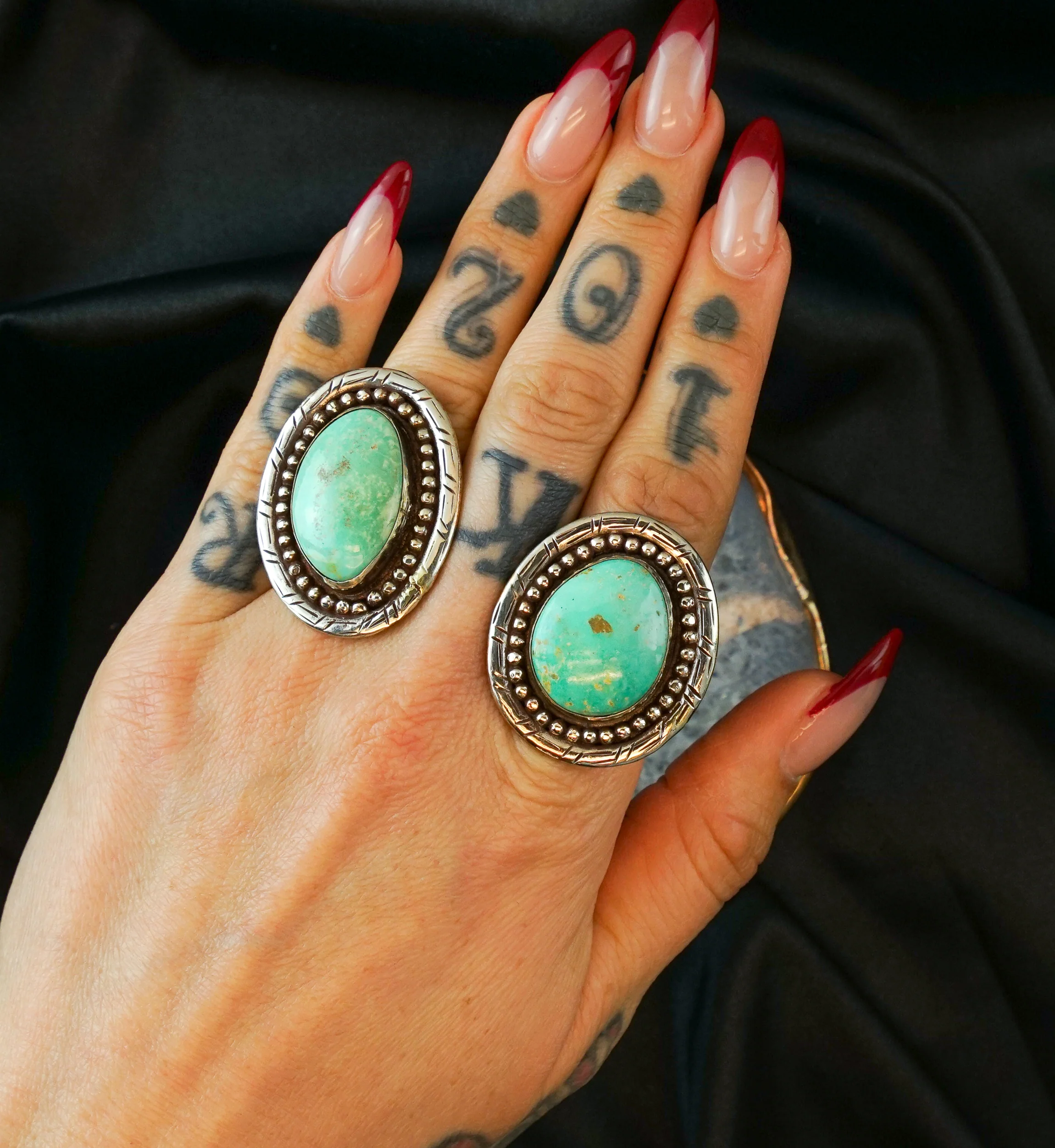 Ornate Round Turquoise Stone White Brass Ring