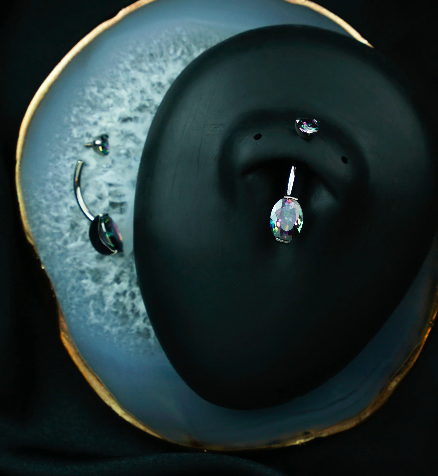 Oval Black Aurora CZ Titanium Belly Button Ring - Image 2