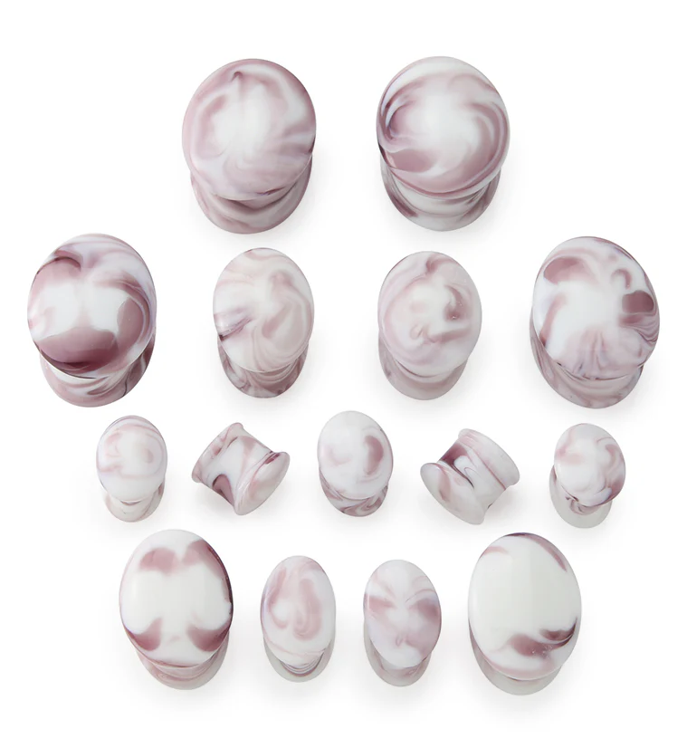 Oval Hazy Purple White Glass Double Flare Plugs - Image 2