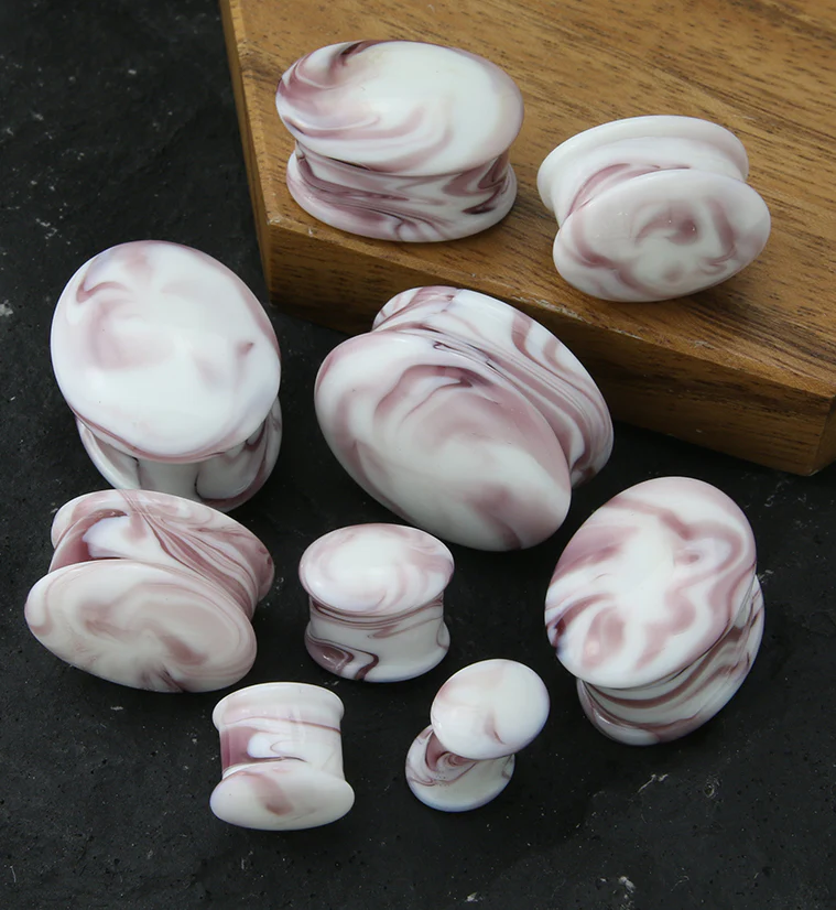 Oval Hazy Purple White Glass Double Flare Plugs - Image 3