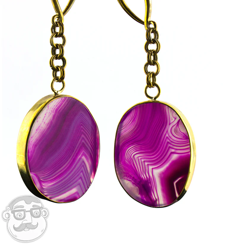 Oval Pink Line Agate Stone Brass Hangers - Image 2