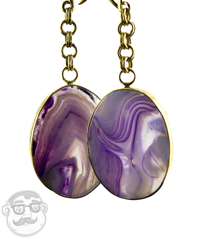 Oval Purple Line Agate Stone Brass Hangers - Image 2