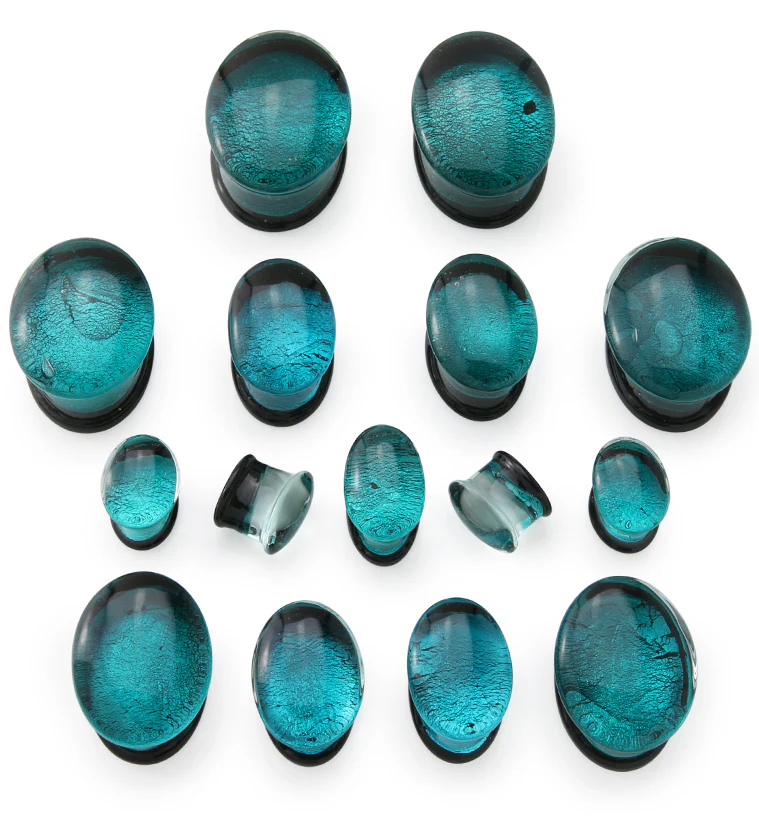Oval Teal Dichroic Glass Double Flare Plugs - Image 2