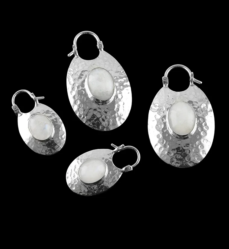 Oviform Hammered Silver Moonstone Hangers - Earrings - Image 2