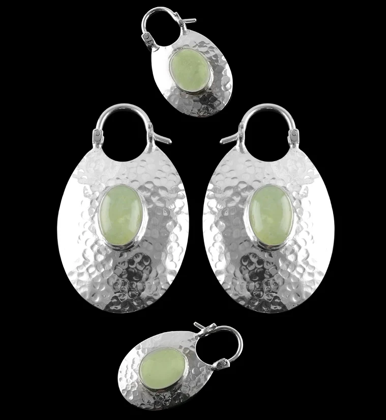 Oviform Hammered Silver Prehnite Stone Hangers - Earrings - Image 3