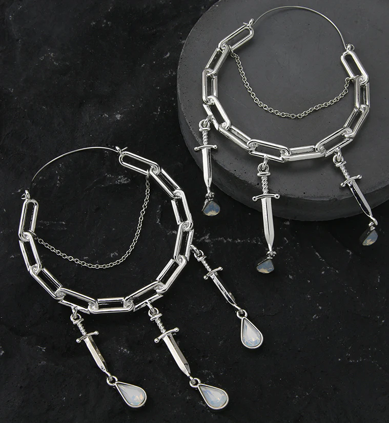 Paperclip Dagger White Opalite Stainless Steel Plug Hoops - Image 2
