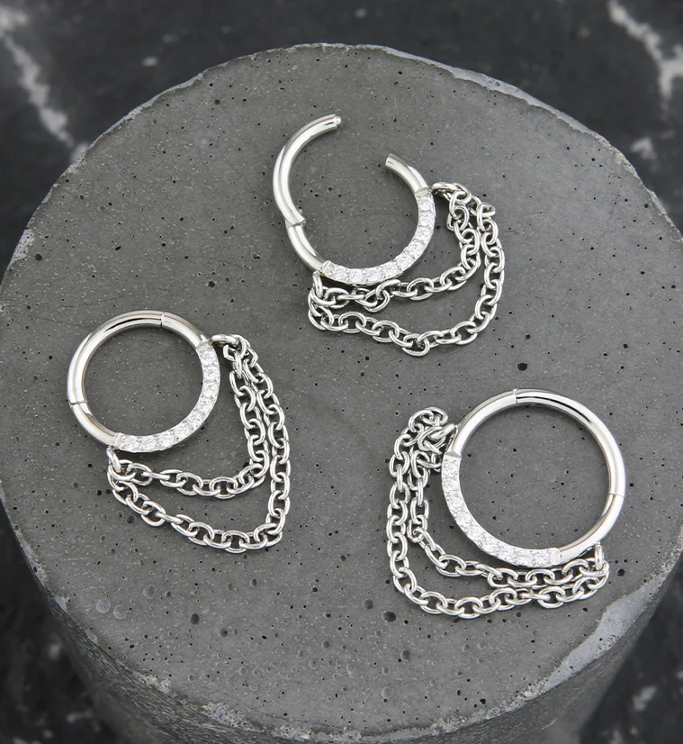 Pave Clear CZ Dual Dangle Chain Stainless Steel Hinged Segment Ring - Image 2