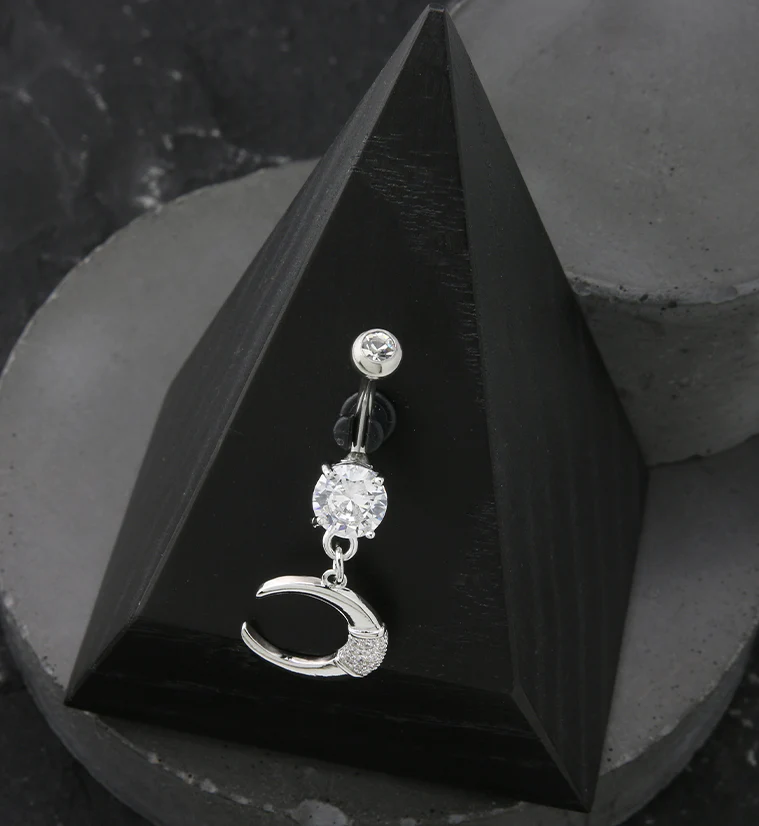Pave CZ Crescent Moon Dangle Stainless Steel Belly Button Ring - Image 2