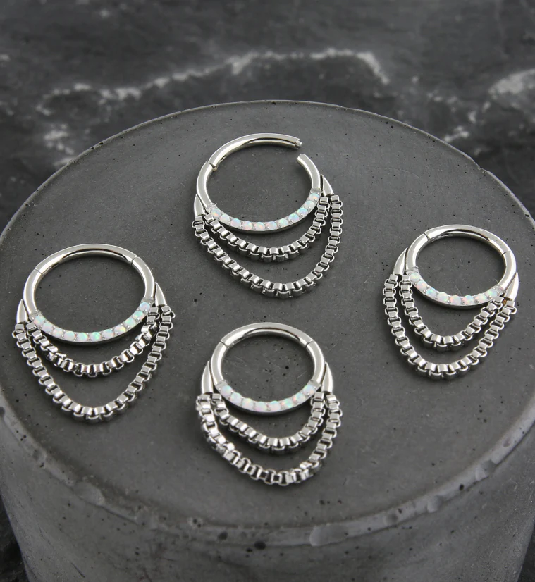Pave CZ Double Dangle Chain Stainless Steel Hinged Segment Ring - Image 2