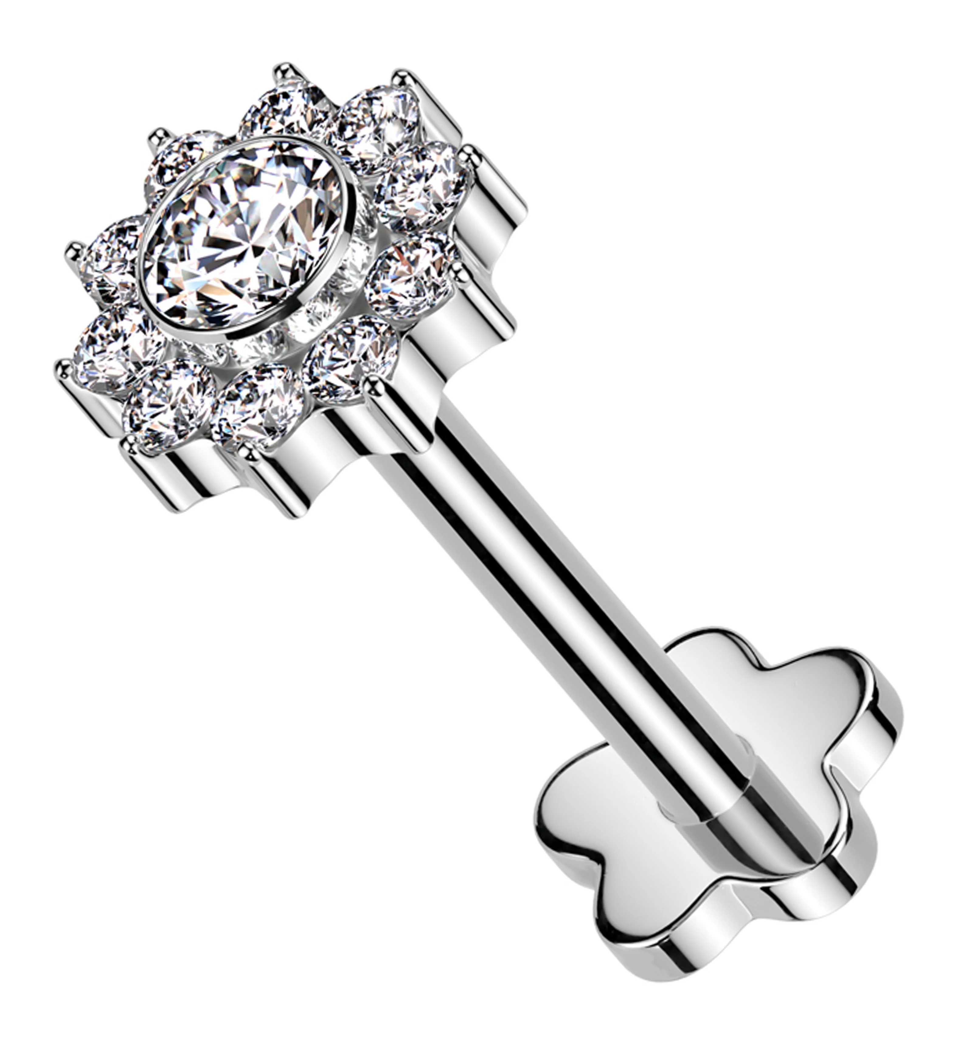 Pave Flower Clear CZ Flower Back Threadless Titanium Labret