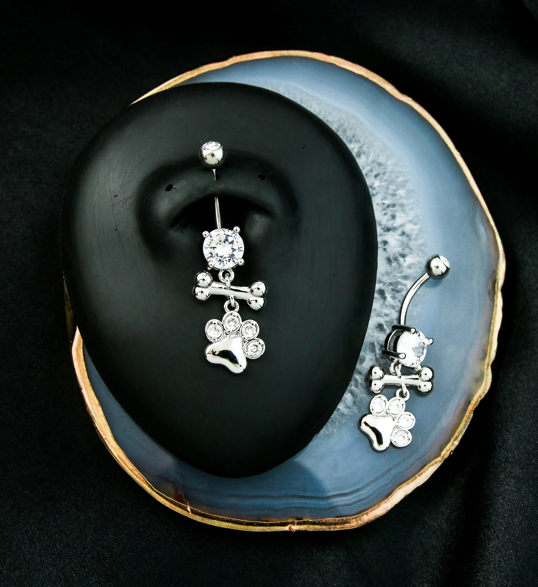 Paw Print And Bone Clear CZ Dangle Stainless Steel Belly Button Ring - Image 2