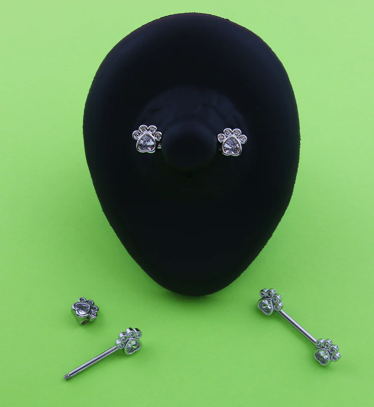 Paw Print Clear CZ Stainless Steel Nipple Barbell - Image 2