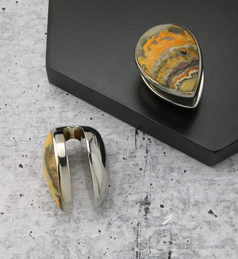 Peak Bumblebee Jasper Stone White Brass Ear Weights - Image 2