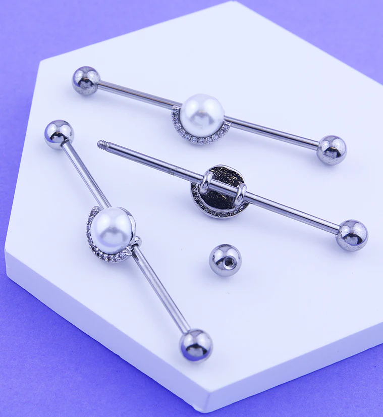Pearl Clear CZ Rim Stainless Steel Industrial Barbell - Image 2