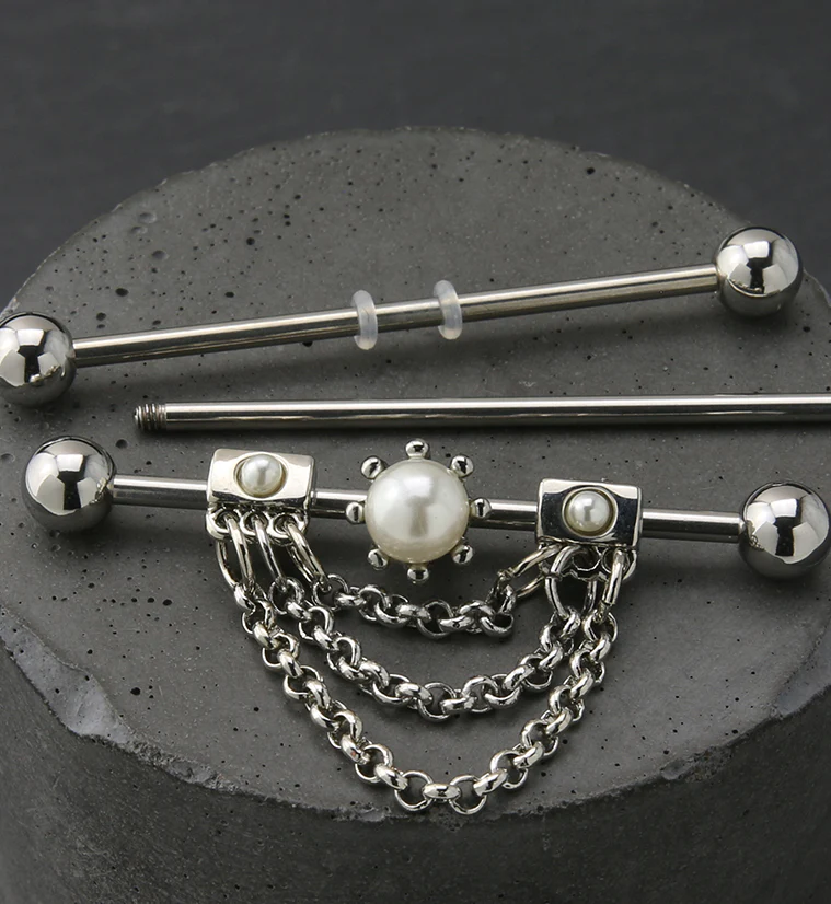 Pearl Dangle Chain Industrial Barbell - Image 2