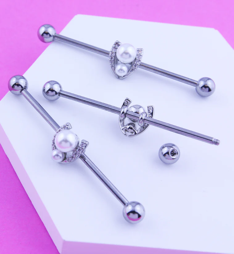 Pearl Horseshoe Clear CZ Stainless Steel Industrial Barbell - Image 2