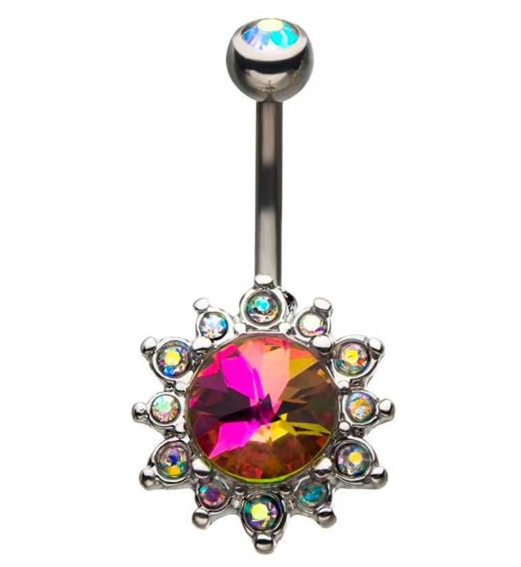 Pink Aurora Flower CZ Belly Ring